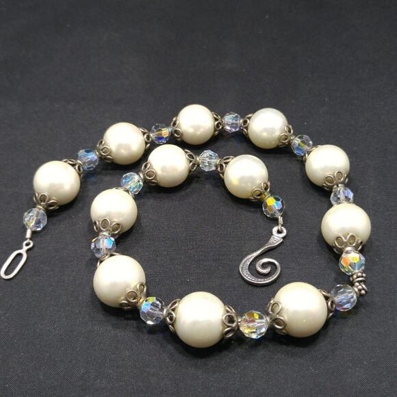 Vintage Glass Pearls Crystal Beaded Necklace, Silver Clasp, Strung on Wire, 17" - Picture 7 of 11